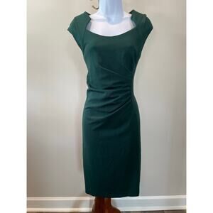 Calvin Klein Size 12 Green Sheath Dress Ruched Side, Cap Sleeves, Horseshoe Neck